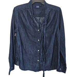 Gap Womens Dark Wash Denim Tie Neck Blouse Long Sleeve Chambray Shirt Medium